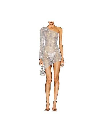 Santa Brands Silver Crystal One Sleeve Rhinestone Mini Dress Cocktail Dress (view 1)