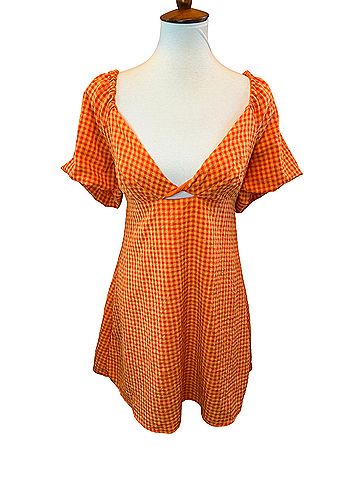 Louna Orange Gingham Mini Dress with puffy off-shoulder sleeves and a twist-front cutout Cocktail Dress (view 1)