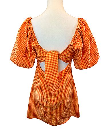 Louna Orange Gingham Mini Dress with puffy off-shoulder sleeves and a twist-front cutout Cocktail Dress (view 2)