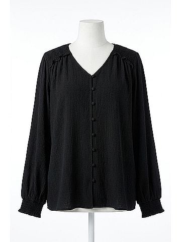 Oddi Solid Long Puff Sleeves Woven Blouse - Plus in Black (view 1)