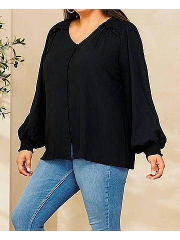 Oddi Solid Long Puff Sleeves Woven Blouse - Plus in Black (view 2)