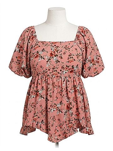 Oddi Floral Printed Babydoll Square Neck Top - Plus in Pink (view 1)