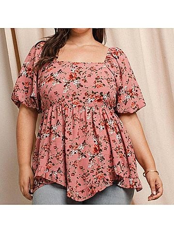Oddi Floral Printed Babydoll Square Neck Top - Plus in Pink (view 2)