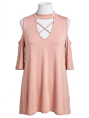 Oddi Caged Cold Shoulder Bell Sleeve Top - Plus in Peach (view 1)