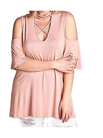 Oddi Caged Cold Shoulder Bell Sleeve Top - Plus in Peach (view 2)