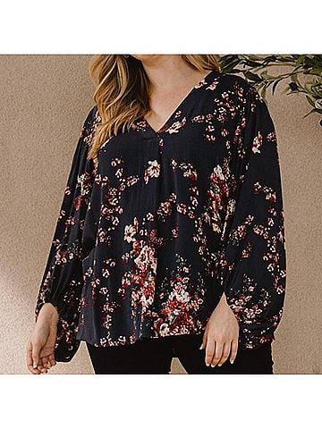 Oddi Floral Print Balloon Sleeves Blouse - Plus in Black (view 2)