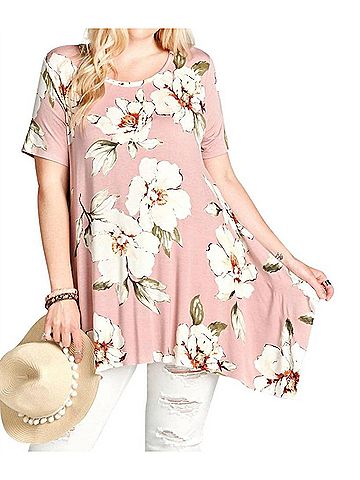 Oddi Women's Floral Sharkbite Short Sleeve Tunic Top in Mauve (view 2)