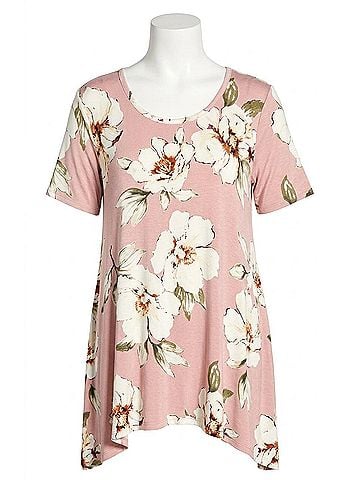 Oddi Women's Floral Sharkbite Short Sleeve Tunic Top in Mauve (view 1)