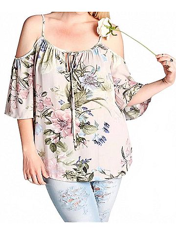 Oddi Women's Floral Cold Shoulder Top in Taupe (view 2)