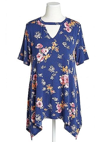 Oddi Women's Floral Keyhole Sharkbite Tunic in Navy (view 1)