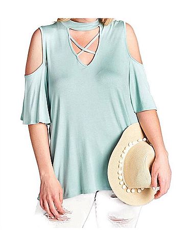 Oddi Caged Cold Shoulder Bell Sleeve Top in Sage (view 2)