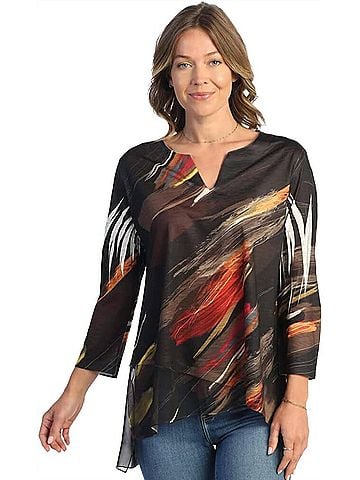 Jess & Jane Women's Dunes Slit V Neck Chiffon Contrast Top in Multi (view 2)