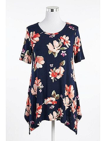 Oddi Women's Floral Sharkbite Short Sleeve Tunic Top in Navy (view 1)