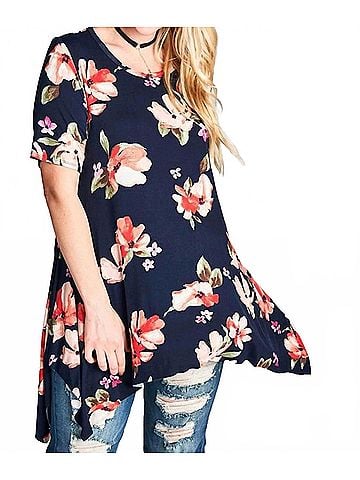 Oddi Women's Floral Sharkbite Short Sleeve Tunic Top in Navy (view 2)