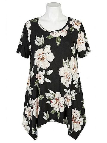 Oddi Women's Floral Sharkbite Short Sleeve Tunic Top in Black (view 1)
