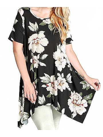 Oddi Women's Floral Sharkbite Short Sleeve Tunic Top in Black (view 2)