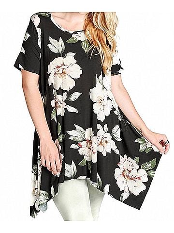 Oddi Women's Floral Sharkbite Short Sleeve Tunic Top in Black (view 2)