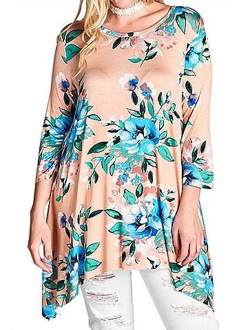 Oddi Women's Fun And Flirty Floral Swing Tunic Top in Blush (view 2)