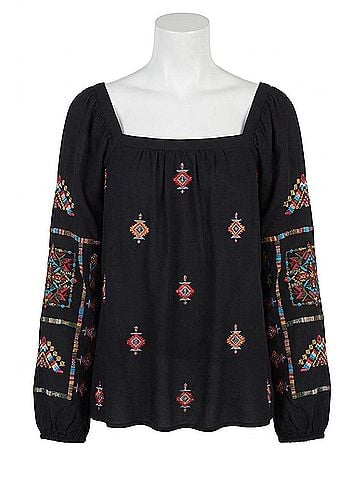 Andree by UNIT Embroidered Square Neck Top in Black (view 1)