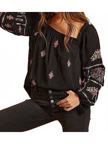Andree by UNIT Embroidered Square Neck Top in Black (view 2)