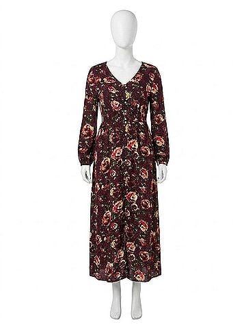Oddi Floral Button-Down Maxi Dress in Burgundy (view 1)