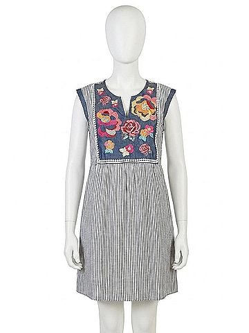 Andree by UNIT Floral Embroidered Stripe Dress in Denim (view 1)