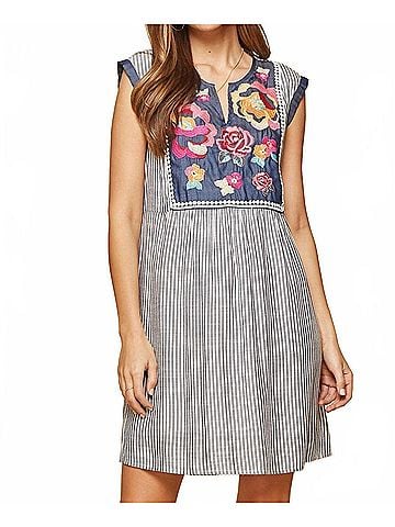 Andree by UNIT Floral Embroidered Stripe Dress in Denim (view 2)