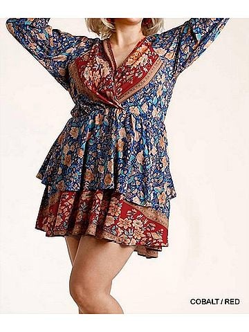Umgee Floral Border Print Layered Dress in Blue (view 2)