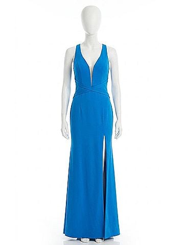 La Femme Sleeveless Maxi Plunging Neckline in Ocean Blue (view 1)