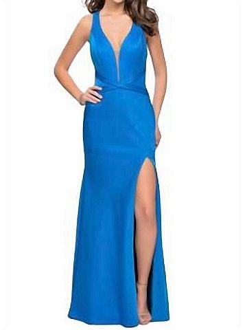 La Femme Sleeveless Maxi Plunging Neckline in Ocean Blue (view 2)