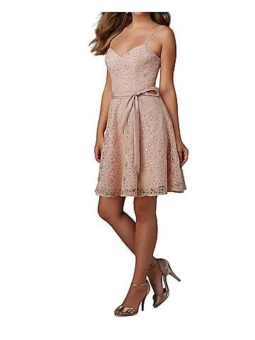MoriLee by Madeline Gardner Beaded Lace Bridesmaid Cocktail Dress in Blush (view 2)