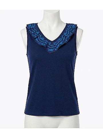 Johnny Was Daria Mixed Media Flutter Tank in Navy (view 1)