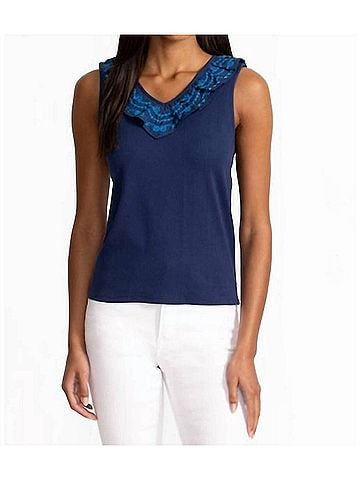 Johnny Was Daria Mixed Media Flutter Tank in Navy (view 2)
