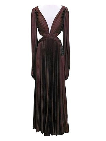 IEENA for Mac Duggal Mac Duggal 26737 Espresso Brown Satin Plunge V Neck Open Back Dress Gown 6 Cocktail Dress (view 1)