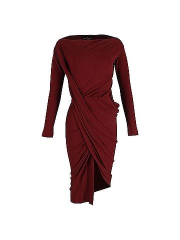 Vivienne Westwood  Vivienne Westwood Knee-Length Long Sleeve Draped Dress in Maroon Cotton (view 1)