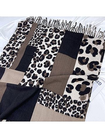 Coco + Carmen Women's Leopard Block Print Fringe Scarf in Brown (view 2)