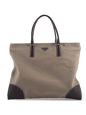 Prada Prada bag, canvas tote leather, khaki brown, hand, square. (view 2)