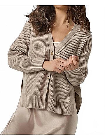Lilla P Relaxed Side Vent Cardigan in Wheat (view 2)