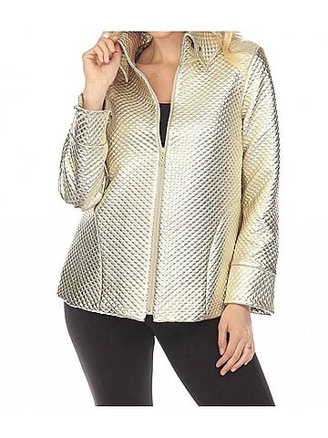 Samuel Dong Metallic Textured Zip-Up A-Line Coat Jacket in Gold (view 2)
