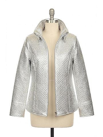Samuel Dong Metallic Textured Zip-Up A-Line Coat Jacket in Silver (view 1)