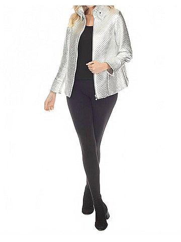 Samuel Dong Metallic Textured Zip-Up A-Line Coat Jacket in Silver (view 2)