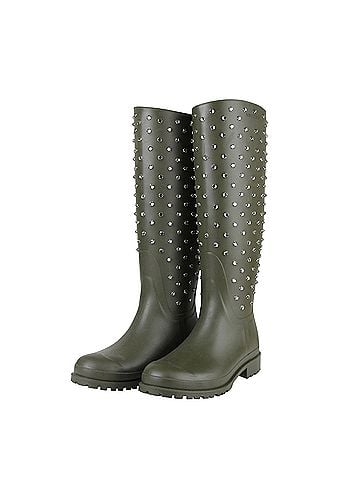 Saint Laurent Women's Diamond Studs Olive Green Rubber Rain Boots(36 EU / 6 US) (view 2)