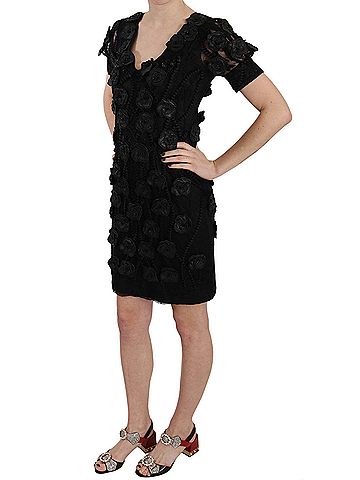 John Richmond Black Silk Leather Flowers Sheath Women's Dress (view 2)