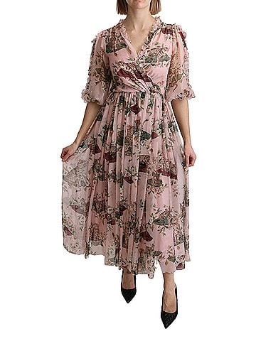 Dolce & Gabbana Basic Pink Bengal Cat Print A-line Maxi Silk  Women's Dress (view 1)