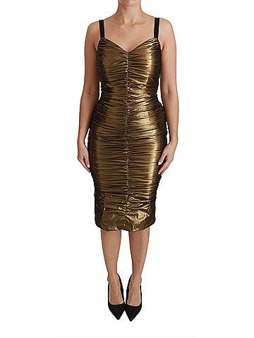 Dolce & Gabbana Basic Gold Metallic Stretch Bodycon Ruched Women's Dress (view 1)