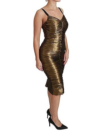 Dolce & Gabbana Basic Gold Metallic Stretch Bodycon Ruched Women's Dress (view 2)