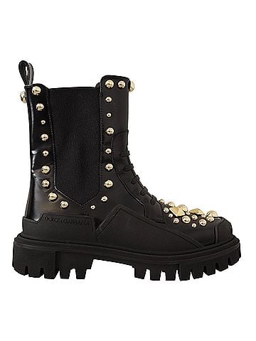 Dolce & Gabbana Basic Black Leather Studded Combat Women's Boots (view 1)