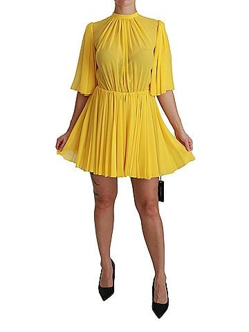 Dolce & Gabbana Basic Yellow Pleated A-line Mini 100% Silk Women's Dress (view 1)