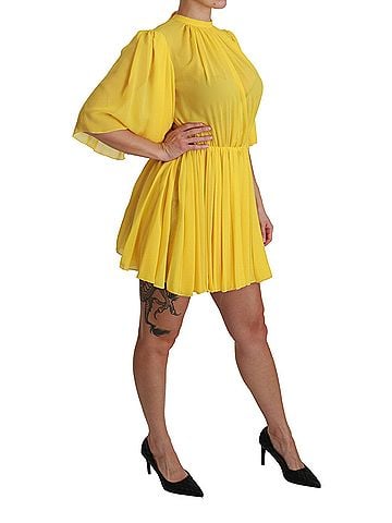 Dolce & Gabbana Basic Yellow Pleated A-line Mini 100% Silk Women's Dress (view 2)