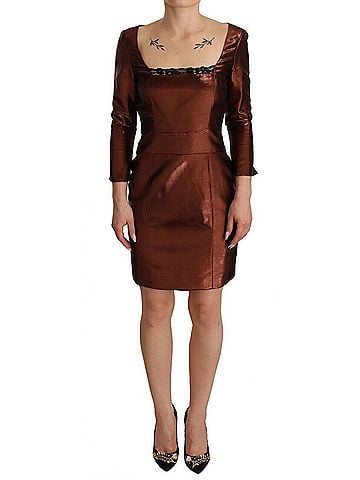 GF Ferre Metallic Brown Long Sleeves Square Neck Sheath Women's Dress (view 1)